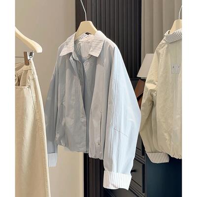 韩版假两件条纹拼接翻领短外套女2026春装新款宽松显瘦休闲夹克衫