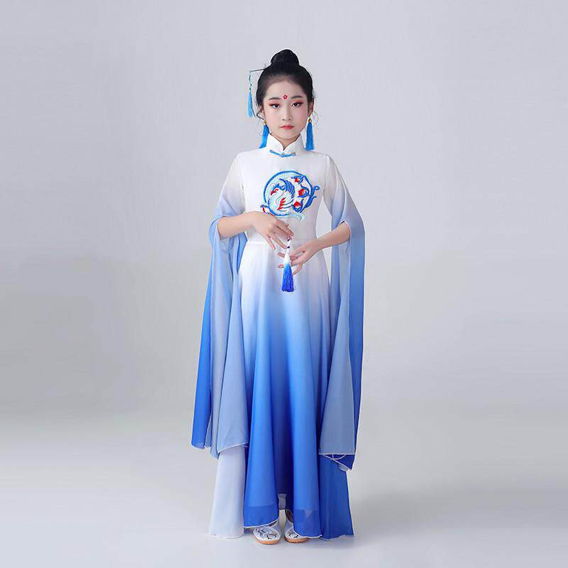女童汉服国风中大童飘逸水袖中式古筝演出服长笛钢琴旗袍长裙唐装