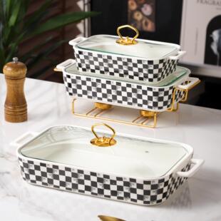 北欧风黑白棋格纹汤锅配铁架长方形双耳陶瓷锅家用可加热鱼盘