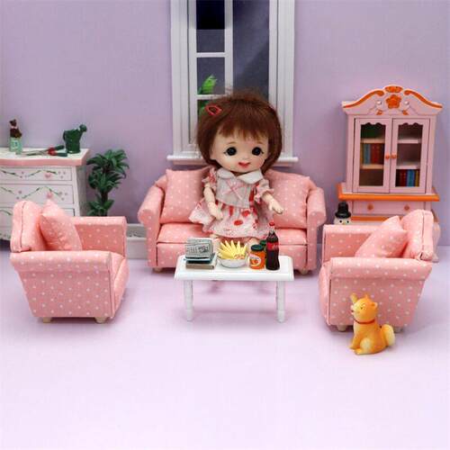 1:12迷你娃娃屋摆件DOLLHOUSE家具配件OB11用沙发套装布艺三件套