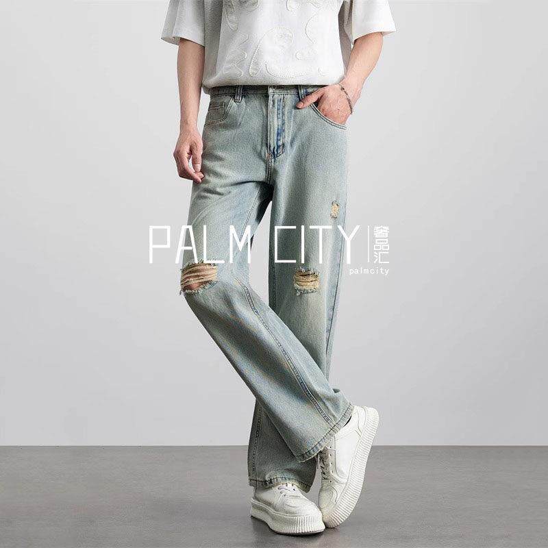PALM CITY天丝破洞水洗浅蓝色宽松直筒牛仔裤男春夏季潮流休闲裤