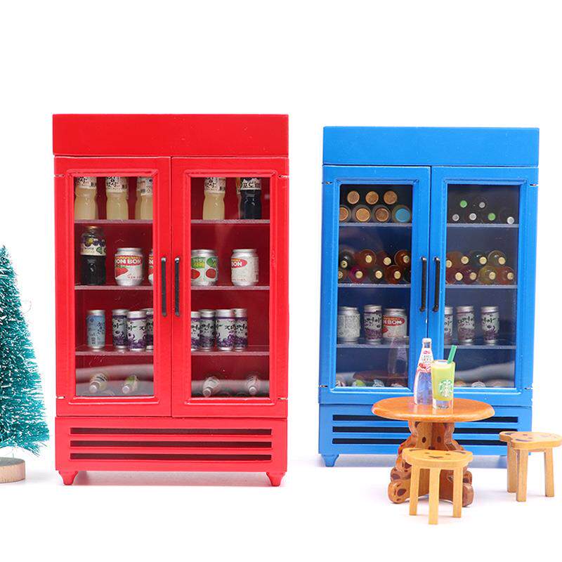 1:12娃娃屋dollhouse迷你家具木质冰箱商店微场景饮料彩色冰柜