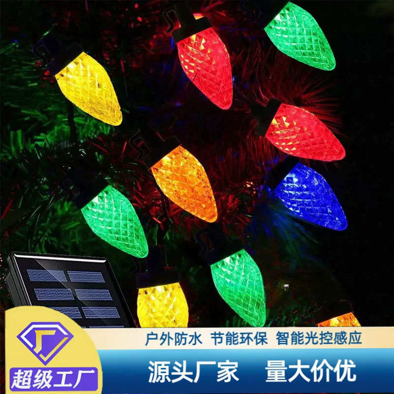 厂家防水草莓太阳能灯串C9防水草莓灯彩灯灯串节日露营氛围灯装