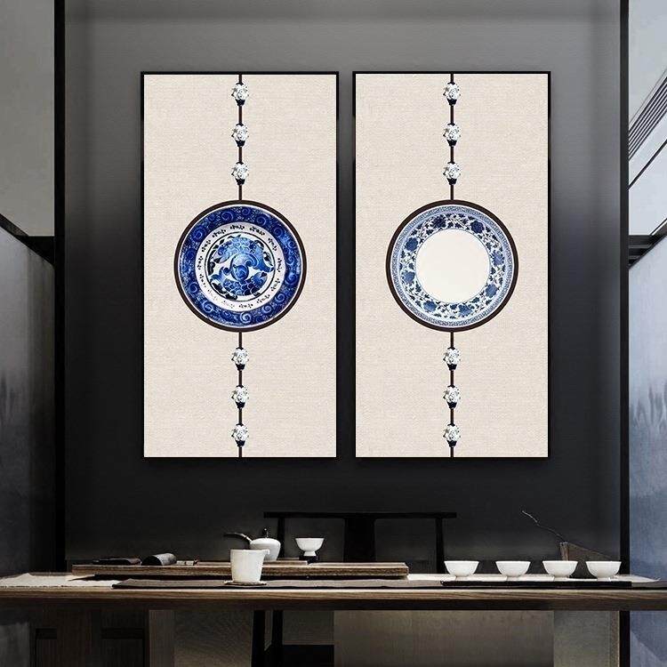 新中式青花装饰画客厅玄关走廊过道书房茶室壁画餐厅两联禅意挂画