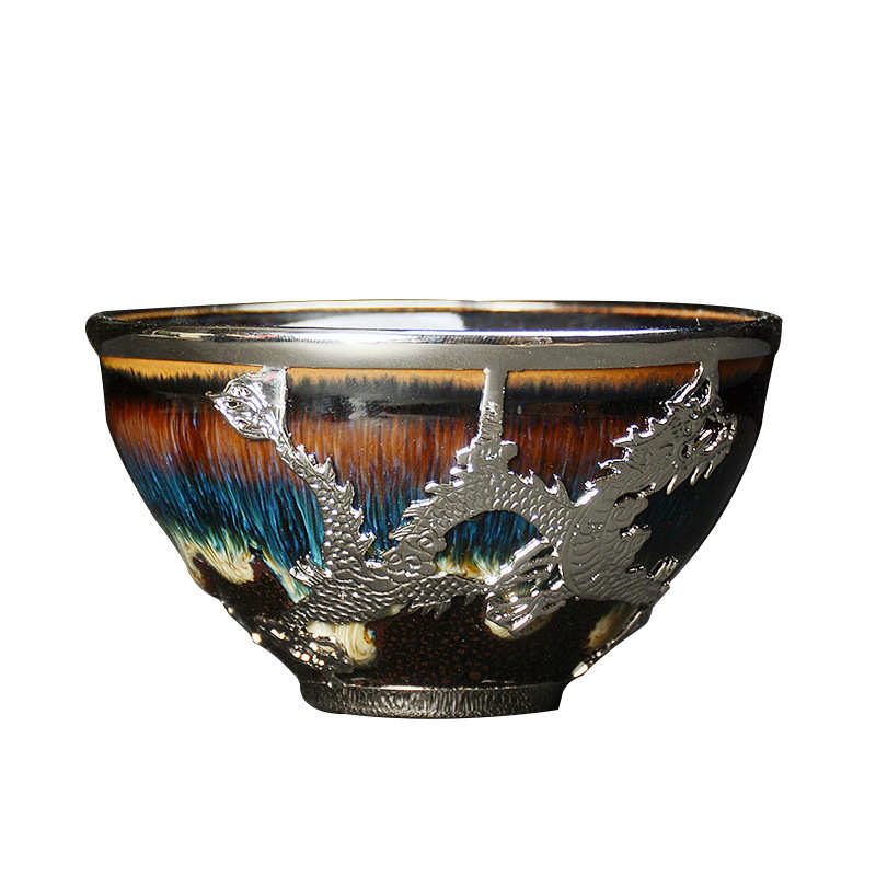 镶银龙凤杯 手工镶银建盏 茶杯主人杯单杯茶盏特色喝茶杯大号茶碗