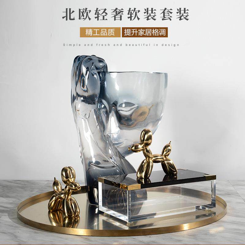 家居饰品轻奢样板房水晶首饰盒树脂人脸花器茶几托盘套装客厅摆件