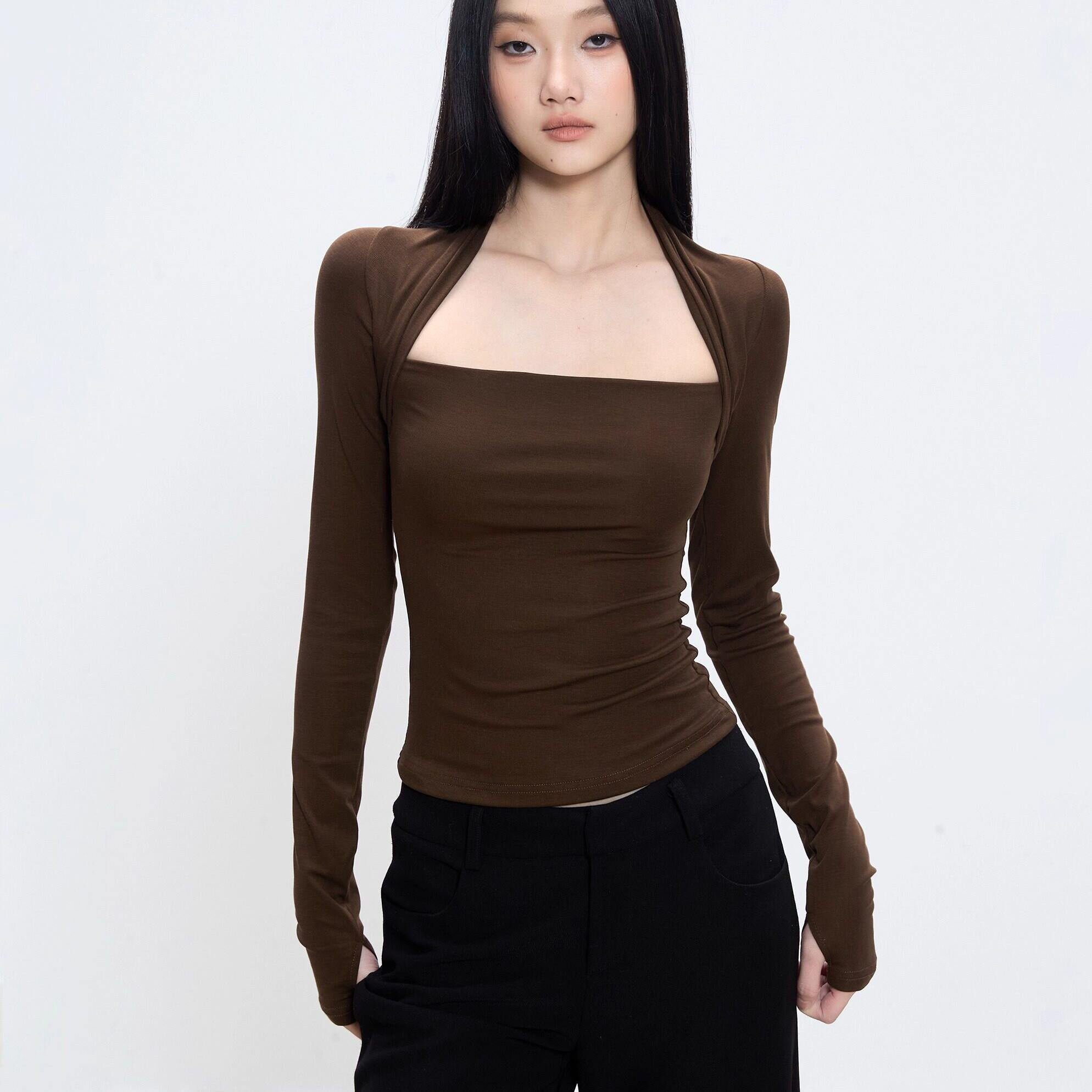 韩式高级感方领内搭打底衫女2026春秋修身显瘦黑色上衣长袖t恤女