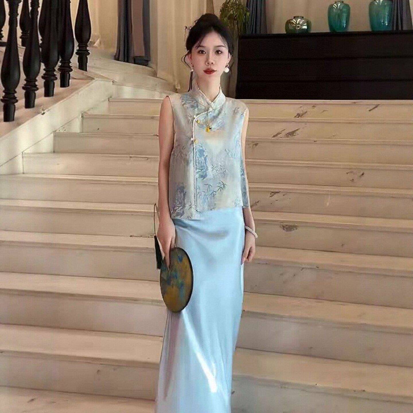 新中式国风套装女装夏季新款覆古轻奢气质马甲改良旗袍上衣半身裙