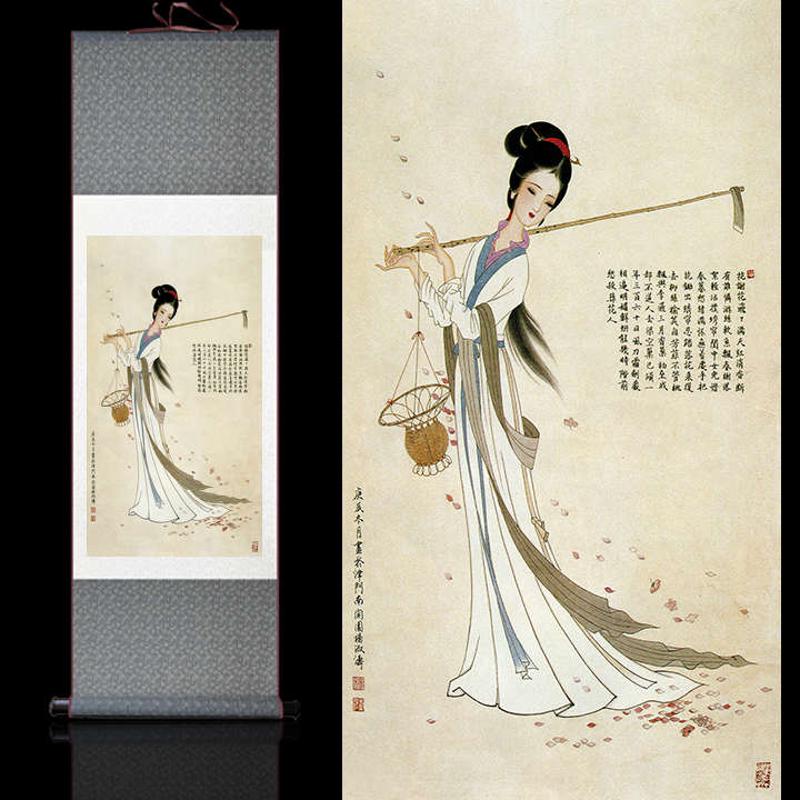 黛玉葬花红楼梦古画仕女图卷轴画丝绸画风水装饰画背景墙壁纸定做