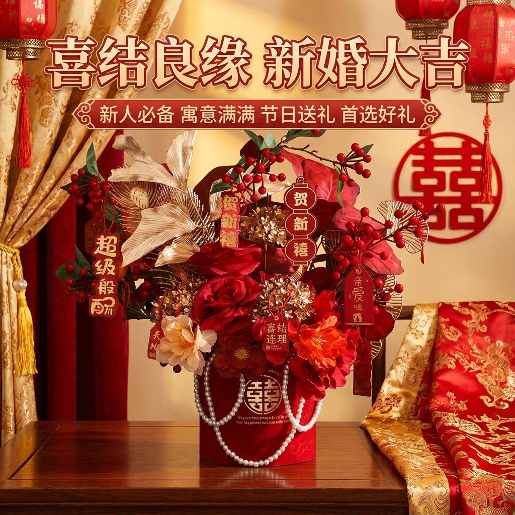 结婚布置婚房装饰花束摆件客厅主卧花束喜字福桶套装新婚礼物大全