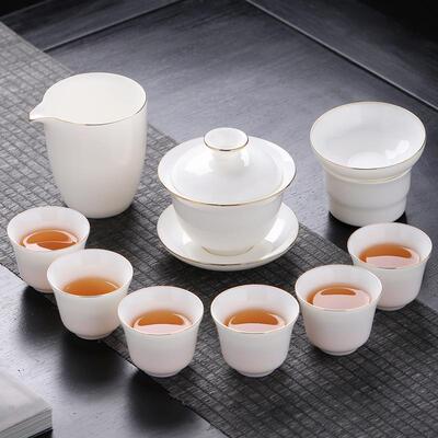 脂玉白瓷功夫茶具套家装用办公泡茶壶盖茶杯陶瓷碗羊26545高档轻