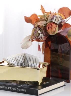 轻奢风金TTN属纸前巾盒售中心大会所厅台抽纸盒摆设品销样板间装