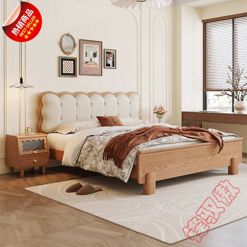FP2白蜡木实木床中古风1.8x2米单双人床主卧家用1.5米奶油风软靠