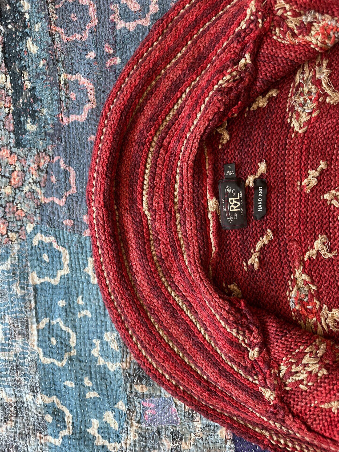 RRL Red Cardigan with Cream Patterns — label