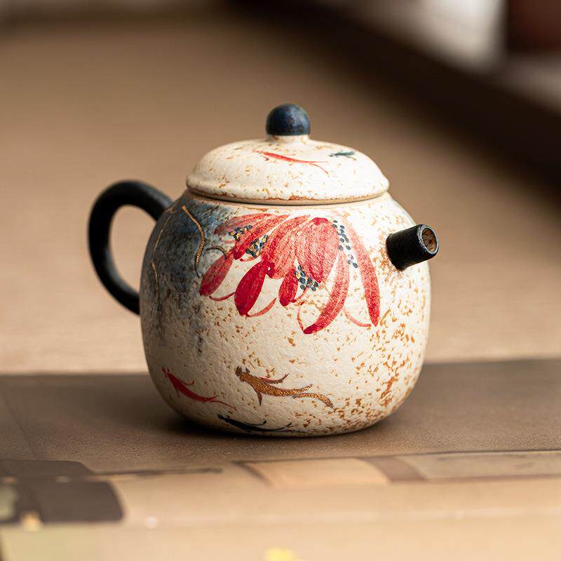 工厂青花火石红承荷过滤茶壶套装描金手绘韵锦小掇球鲤壶壶泡24JS