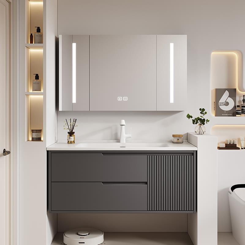 橡木定做85cm/95/105/公分陶瓷一体洗漱台盆奶油风全镜浴室柜组合