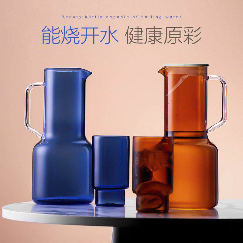 北欧风创意彩色耐高温玻璃冷水壶水杯子家用大容量冷水壶果汁冷水