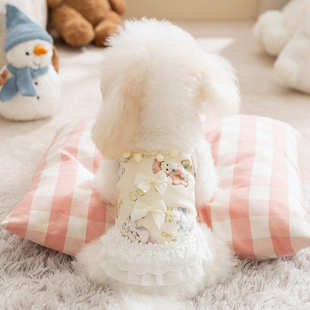 秋冬狗狗衣服裙子蝴蝶结花边双层护肚居家服背心裙母狗母猫宠物裙
