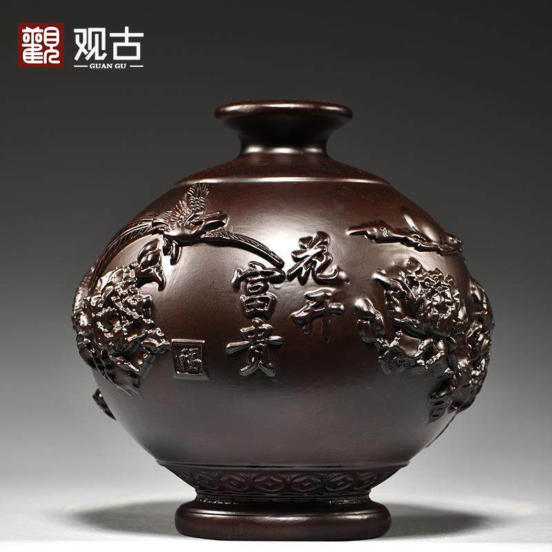 黑檀木雕花开富贵花瓶摆件喜上眉梢客厅插花装饰家居实木质工艺品