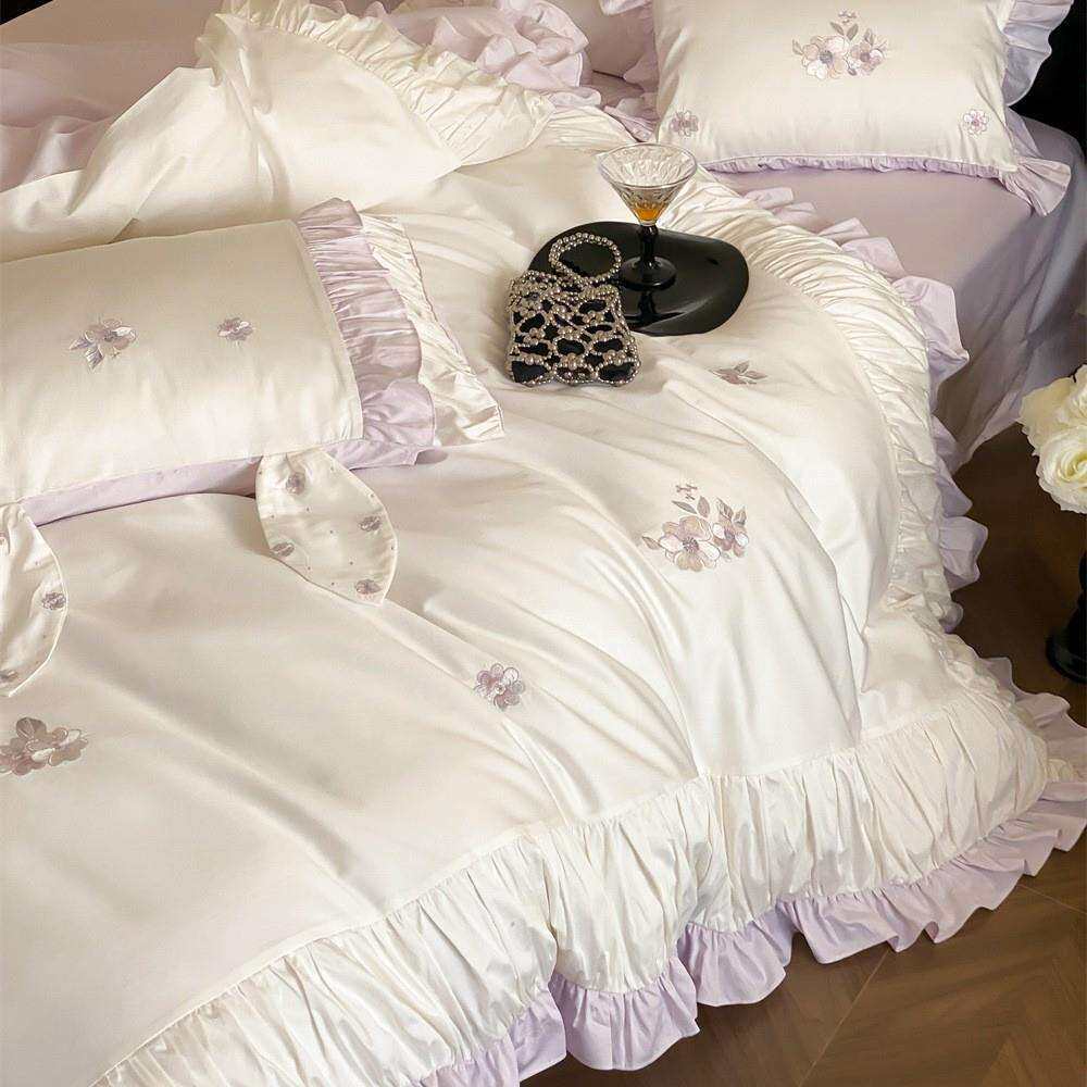 轻奢公主风全棉花卉刺绣女生四件套柔软舒适花边被套床品
