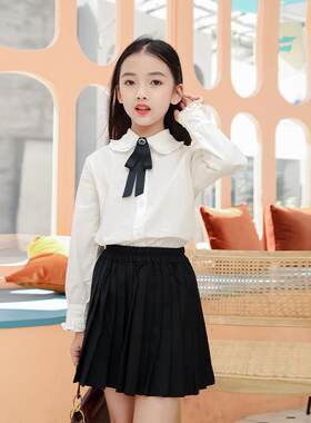 女童衬衫套装裙2025春秋装儿童打底白衬衫JK制服百褶短裙两件套