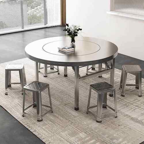 免安装加厚不锈钢内置转盘折叠桌大圆桌带转盘家用酒席饭店火锅桌