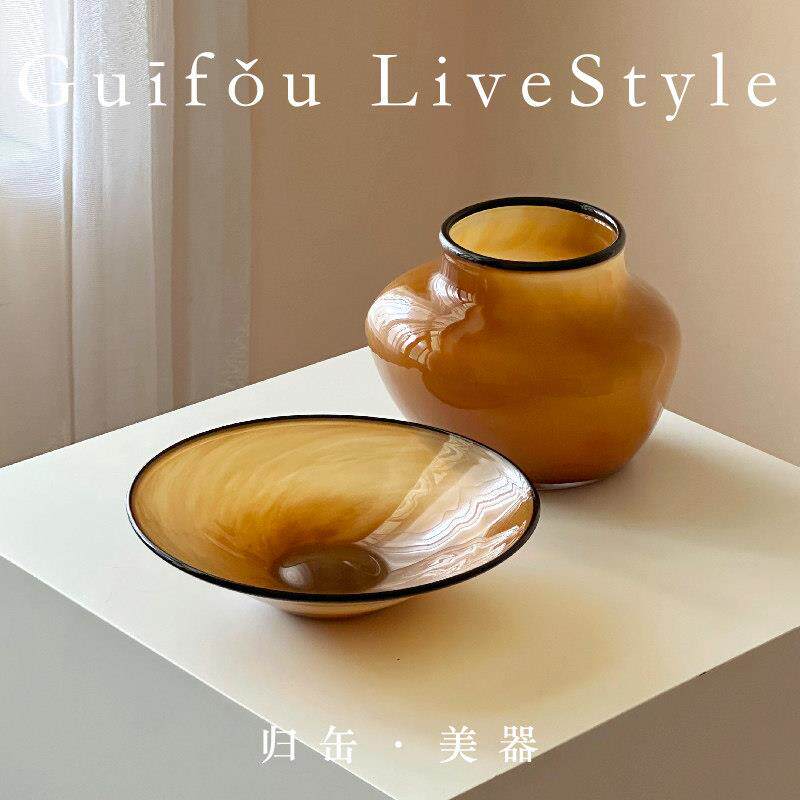 归缶特别好看的水培花瓶果盘中古琉璃样品房情绪稳定软装摆件一对