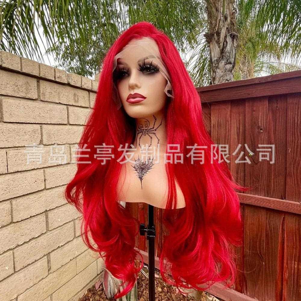 新款直销外贸假发欧美自然大波浪红色化纤前蕾丝长卷发哑光温丝头