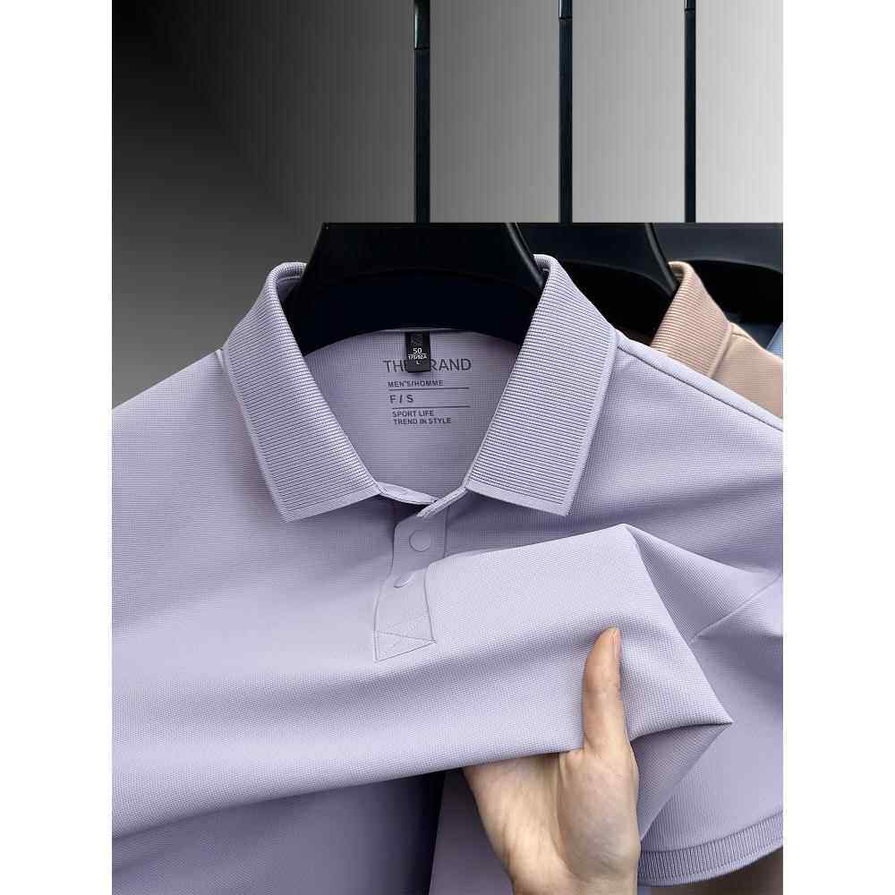 高级感纯色翻领短袖T恤男2025新款夏季冰丝POLO衫下摆开叉体恤衫