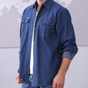 正品牛仔衬衫男季长袖码休闲宽松棉质寸衫薄大款中年工劳保作夏服