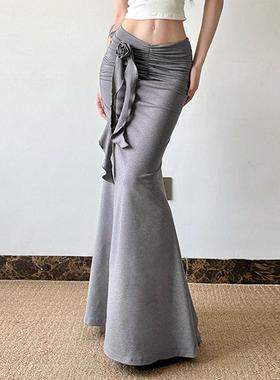 气质系半身裙Rapcopter法式气质立体花朵鱼尾长裙褶皱收腰修身性