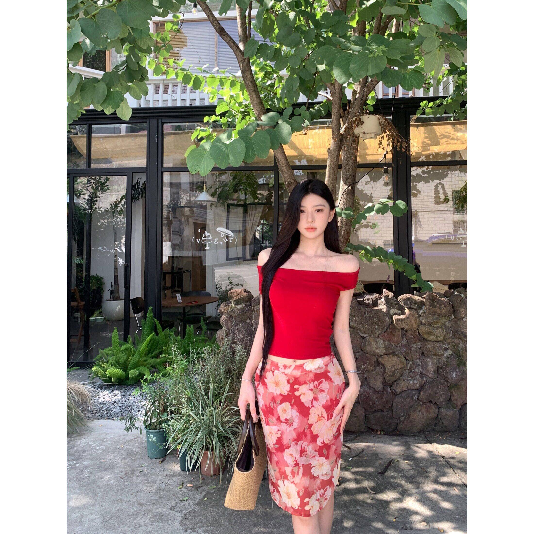 kumikumi纯欲风套装红色性感短袖T恤女夏季百搭印花半身裙两件套图片