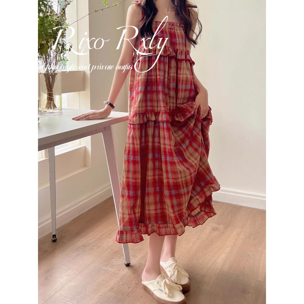 RIXO RXLY大码显瘦宽松蛋糕裙女夏季格子连衣裙高腰修身吊带长裙