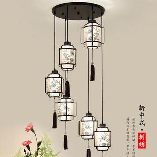 新中式楼梯间吊灯覆式自建房旋转长线 线小吊线 线灯刺绣餐吊灯中