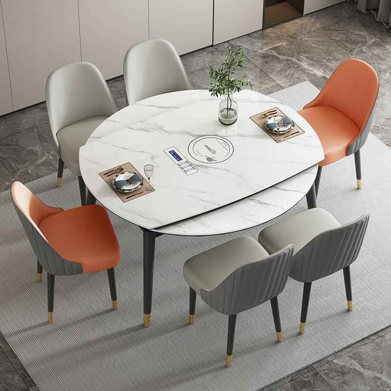 岩板实木餐桌椅组合家用小户型饭桌可伸缩变圆桌带电磁炉折叠餐桌