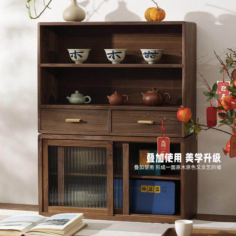 黑胡桃木桌面收纳柜餐柜多层茶具杯子中式实木收纳层架台面置物架