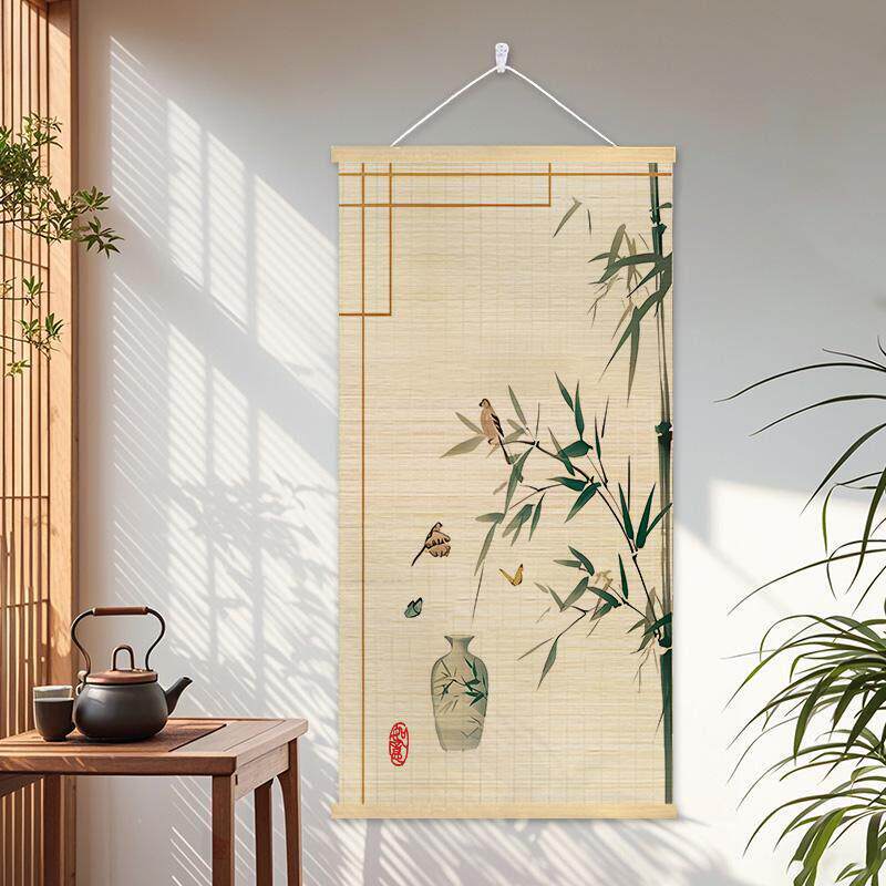 新中式竹帘挂画 画茶室办公室竹艺卷轴装饰画 画玄关走廊饭厅进门