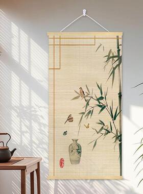 新中式竹帘挂画 画茶室办公室竹艺卷轴装饰画 画玄关走廊饭厅进门
