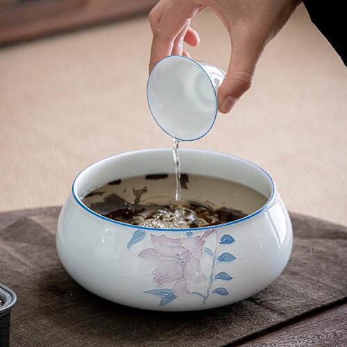 手绘百合茶洗家用茶道建水陶瓷茶海水洗功夫茶具配件茶渣缸洗杯碗