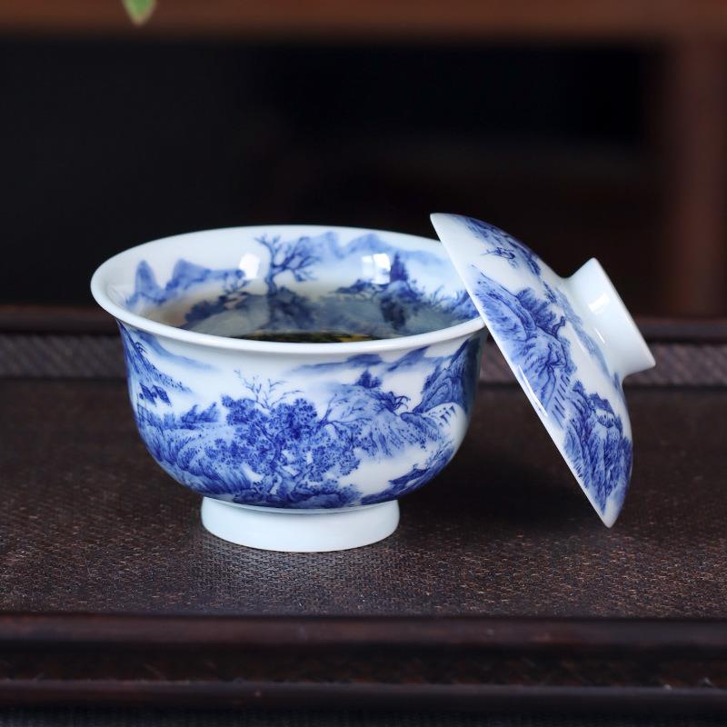 青花瓷手绘山水二才盖碗陶瓷纯手工带内绘中式泡茶碗单个复古茶具