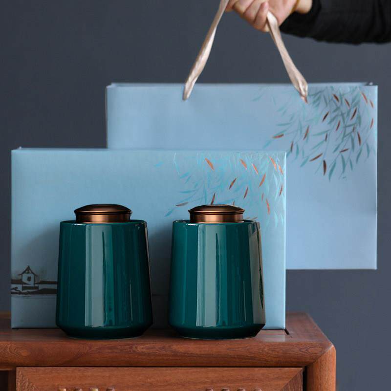 陶瓷茶叶罐子礼盒密封罐金属双盖自吸盖防潮藏茶罐红绿茶普洱茶仓