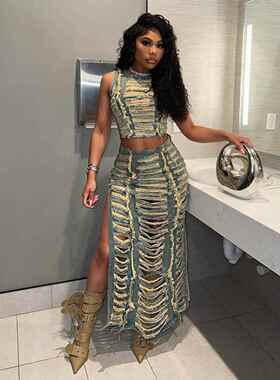 Women's Denim Set Fashionable Personality Handmade Distresse