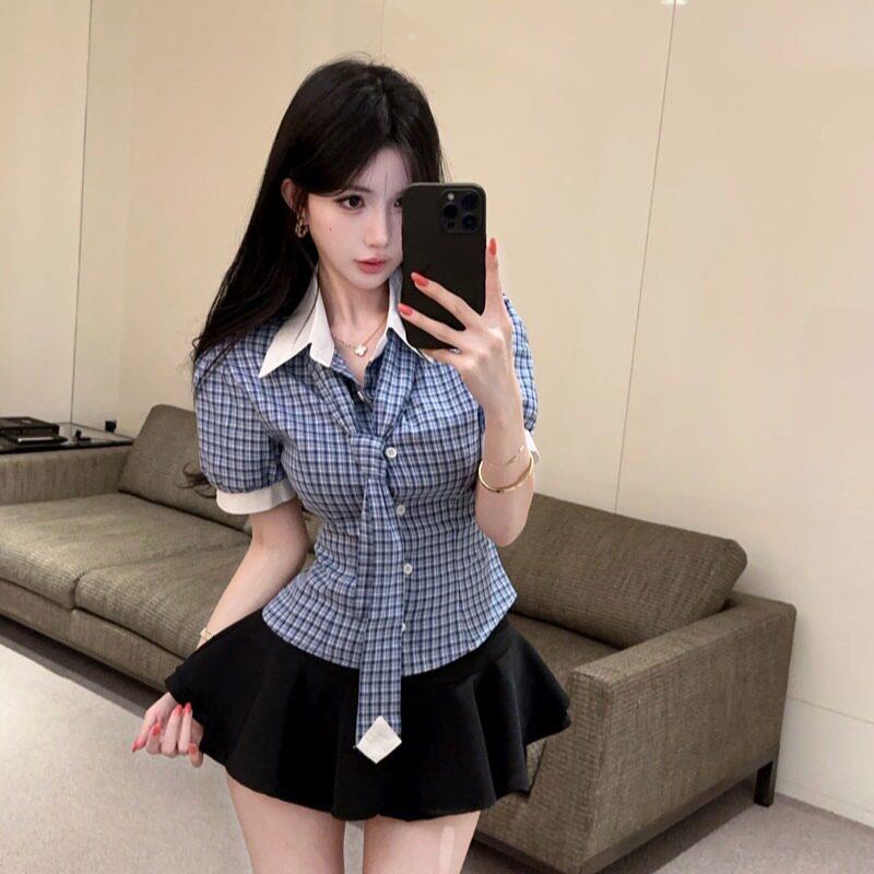 2026夏季新款韩系复古格子领带衬衫女短袖修身掐腰学院风撞色上衣