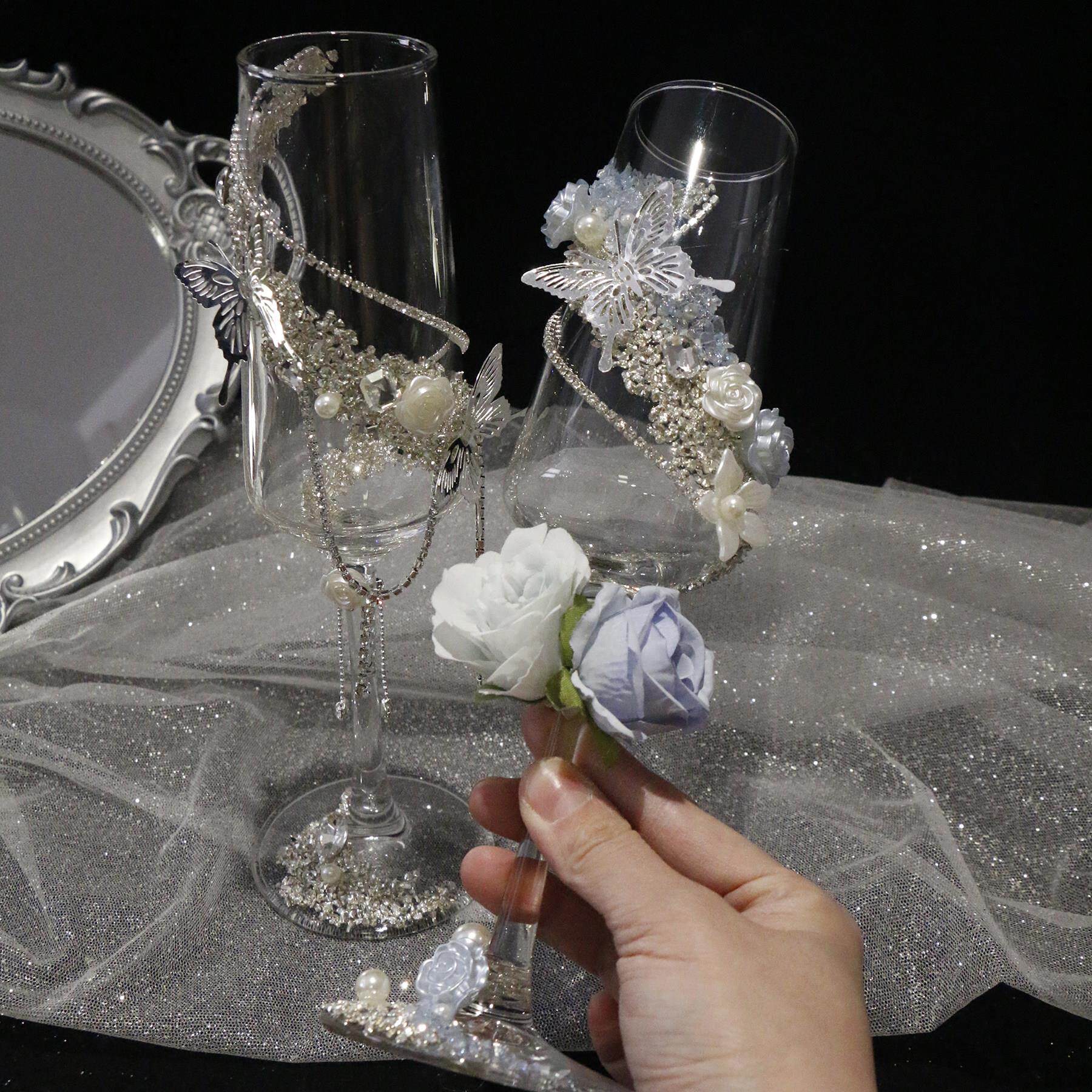 成品蓝色婚礼敬酒杯银色香槟杯碎钻闪亮银河杯花艺订婚结婚礼物