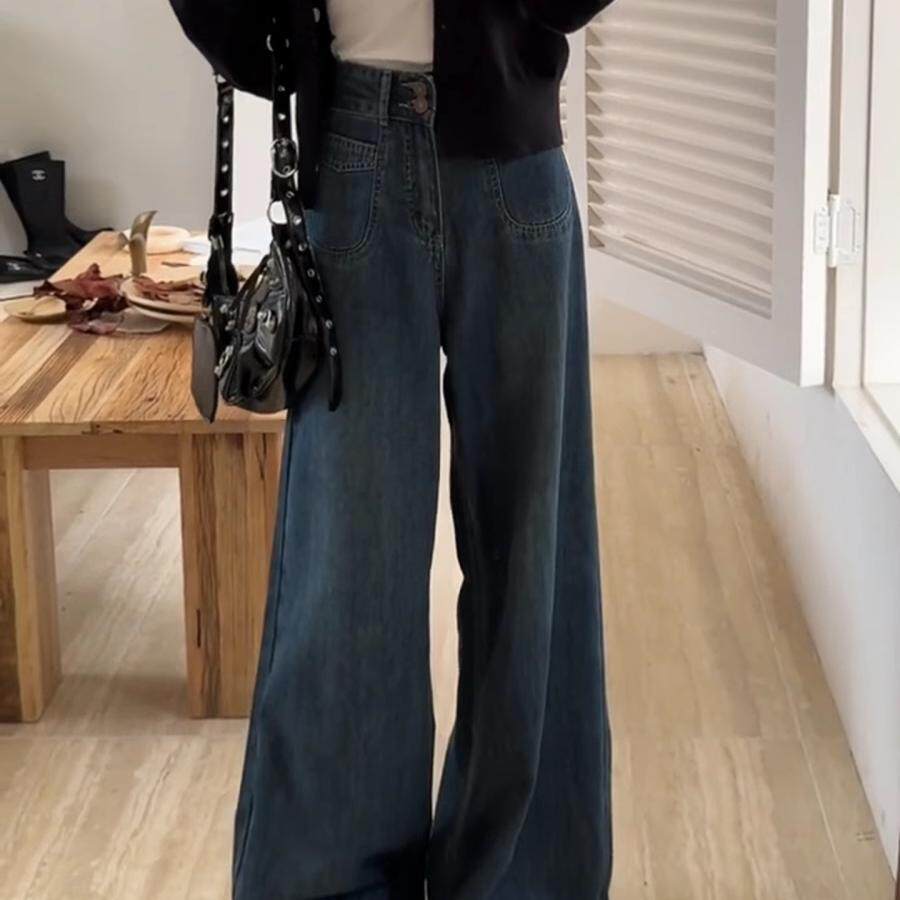 萨菲娜女装慵懒松弛感深蓝色阔腿牛仔秋季宽松显瘦垂感拖地喇叭裤