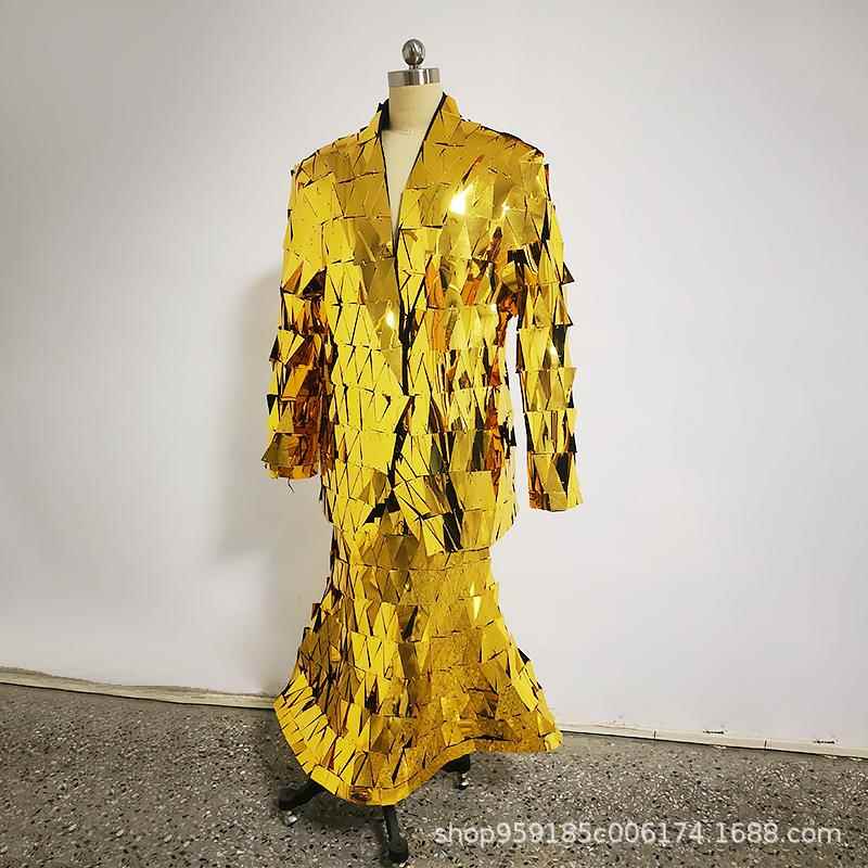 金色裙装镜面服酒吧出酒服舞台表演服装节目演出道具服高跷镜片服