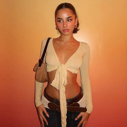 Women's Solid Color Basic Crop Tee Casual V Neck Long