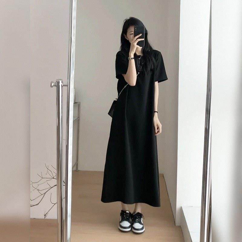 黑色洋装女夏季欧货胖mm梨形身材a字T恤裙过膝长裙子遮胯小黑裙