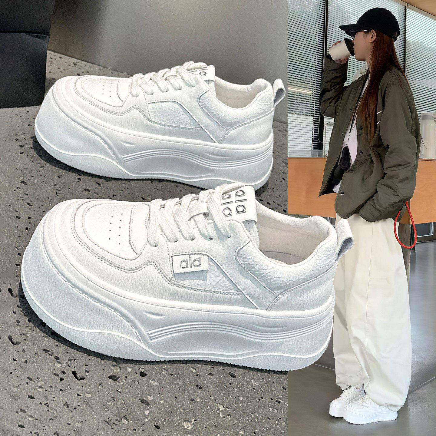 港风真皮休闲面包小白鞋女2026春秋新款厚底增高百搭大头松糕板鞋