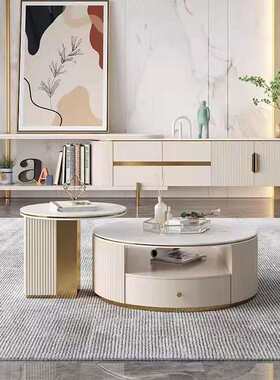 轻奢现代岩板伸缩电视柜高低圆茶几组合意式简约客厅中小户型地柜